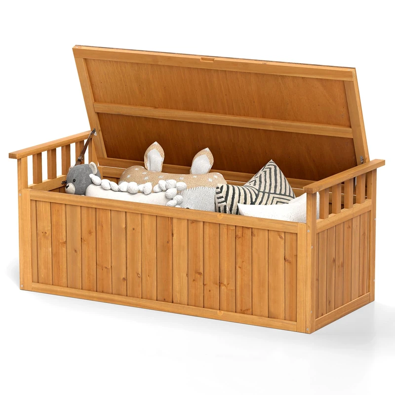 GiantexUK Garden Deck Box, Outdoor Storage Bench with Lid, Wooden Chest Container for Patio Cushions and Gardening Tools (With Armrests, 209L, 128x58x53cm)