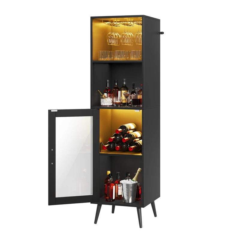 YITAHOME Bar Cabinet with Adjustable LED Lights, Coffee Bar with Wine Rack & Hooks & Acrylic Door Cabinet, Kitchen Buffet Sideboard for Home Bar/Dining Room/Living Room, Black - Image 1