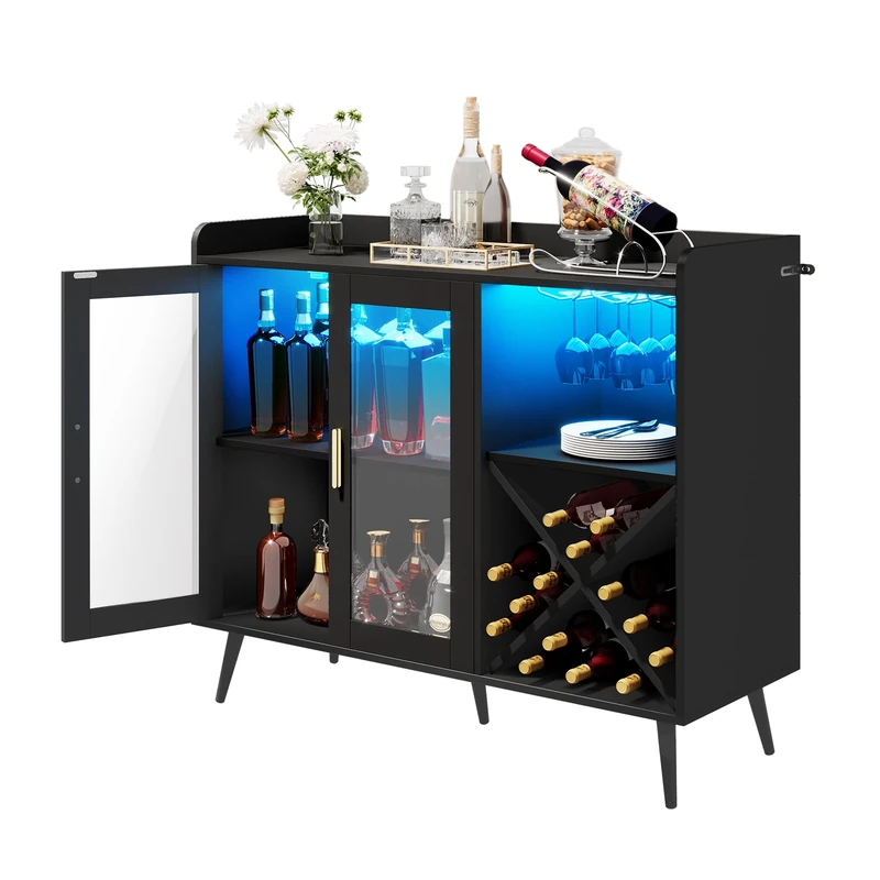 YITAHOME Bar Cabinet with Adjustable LED Lights, Coffee Bar with Wine Rack & Hooks & Acrylic Door Cabinet, Kitchen Buffet Sideboard for Home Bar/Dining Room/Living Room, Black