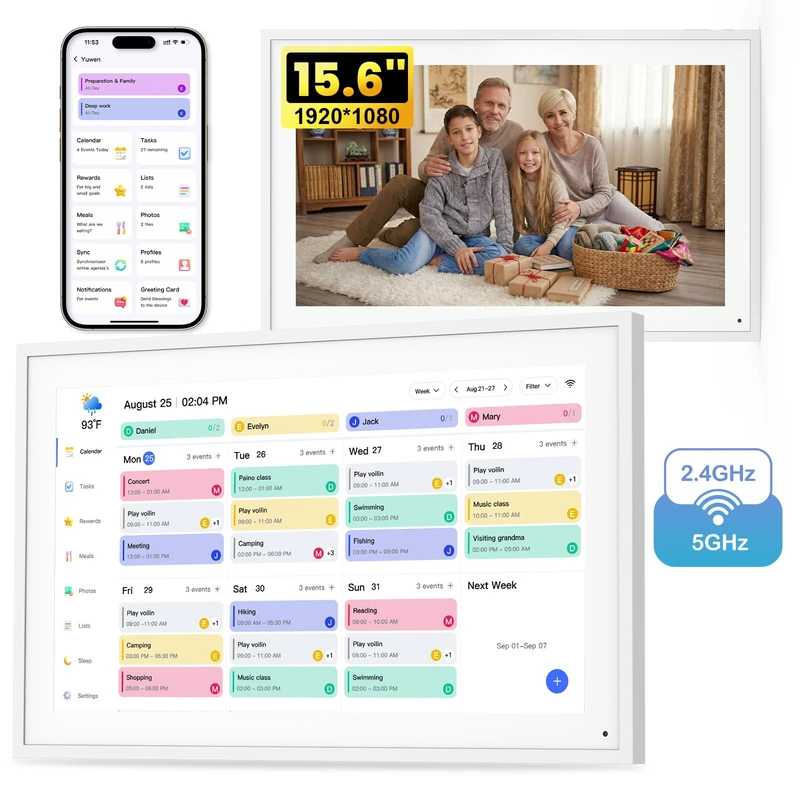 15.6 Inch Digital Family Planner Full HD Touchscreen with Wall Calendar, Photo Frame (1920 x 1080), Clock, Planner, Food Planner for Family Seniors