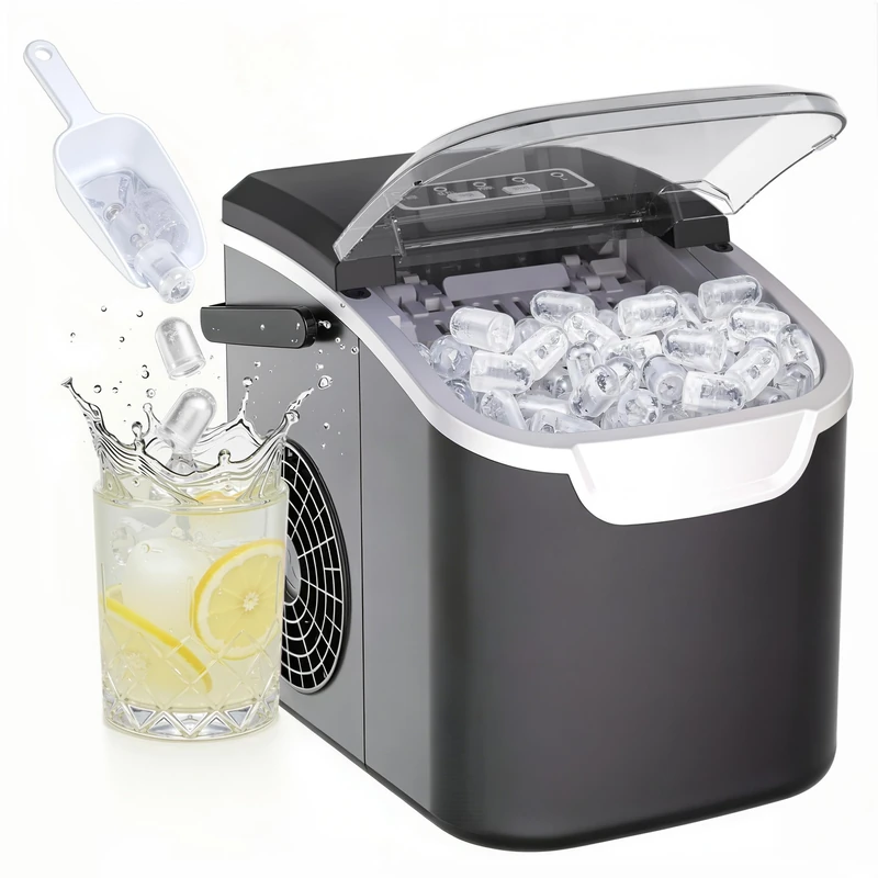 Kismile Ice Maker Countertop, 8 Ice Cubes in 6 Mins, 26lbs/24H, High-efficiency Portable Ice Maker with Carry Handle, Basket and Scoop, for Home, Kitchen and Office, Black