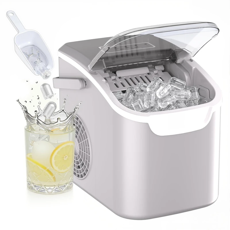 Kismile Ice Maker Countertop, 8 Ice Cubes in 6 Mins, 26lbs/24H, High-efficiency Portable Ice Maker with Carry Handle, Basket and Scoop, for Home, Kitchen and Office, Grey