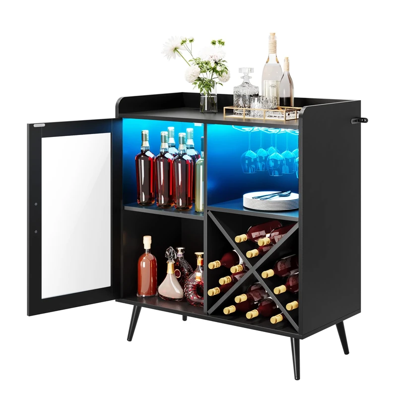 YITAHOME Small Bar Cabinet with LED Lights, Acrylic Door & Wine Rack, Coffee Bar with Cup Holders, Sideboard for Home Bar, Dining Room, Living Room, or Kitchen, Black