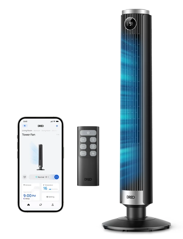 DREO Smart 40"-45" Tower Fan for Bedroom, Adjustable Height, 28 ft/s Velocity, DC Motor, 9 Speeds, 4 Modes, 90°Oscillating, Standing Fan, 20dB Quiet, 12H Timer for Home, Office, Google/Alexa, Black