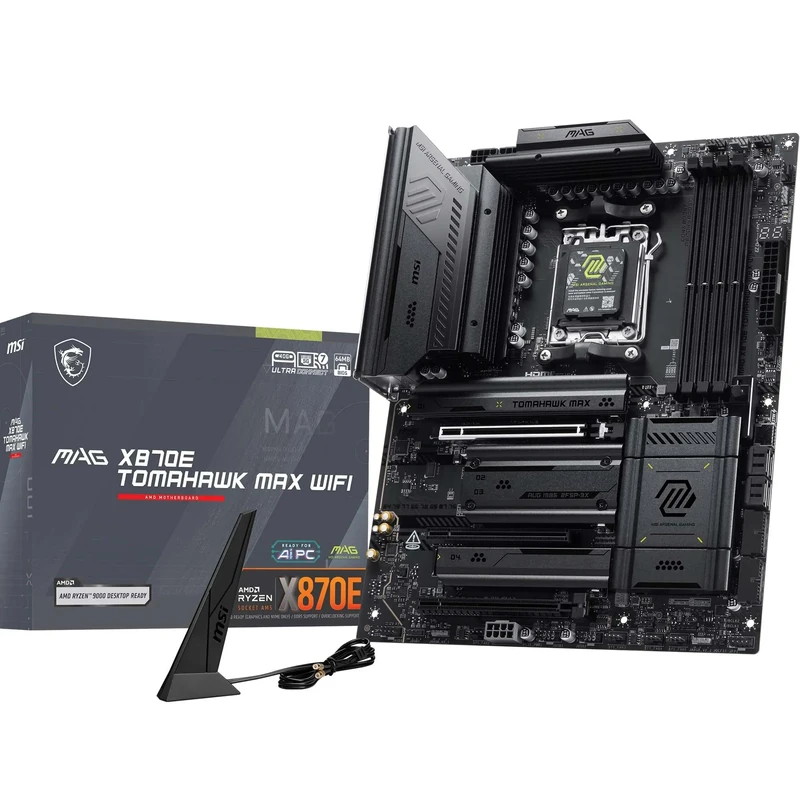 MSI MAG X870E TOMAHAWK MAX WIFI Motherboard, ATX - Supports AMD Ryzen 9000/8000 / 7000 Processors, AM5 - DDR5 Memory Boost (up to 8400+ MT/s OC), PCIe 5.0 x16, 2x M.2 Gen5, Wi-Fi 7, 5G LAN