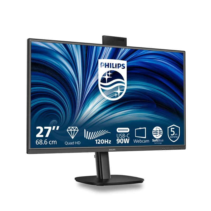 PHILIPS 27B2U3601H 27 inch WQHD Monitor 120Hz, IPS Panel, 4ms GtG, Height Adjustment, Webcam, Speakers, (2560x1440 HDMI 1x 2.1 TMDS DP 1x 1.4 USB Hub) Black