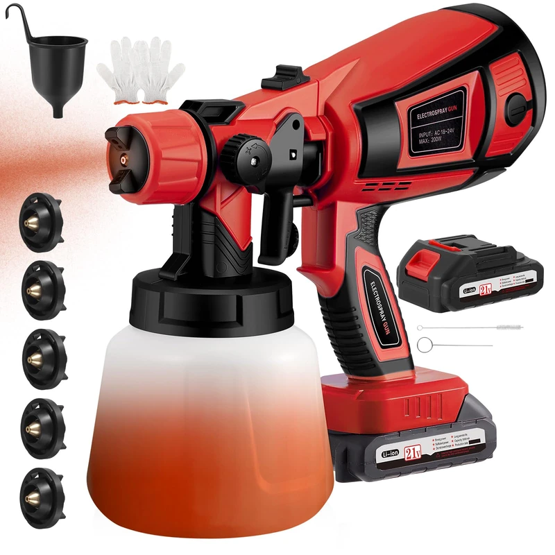 Cordless Paint Sprayer with 21V Battery, Fence Paint Sprayer with 5 Nozzles and 3 Spray Patterns, Handheld HVLP Paint Gun with 2x3000mAh