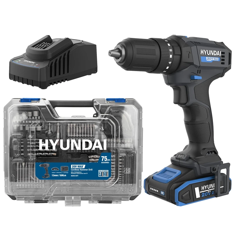 Hyundai 20V Cordless Hammer Drill - 50Nm with 75pc Accessory Kit