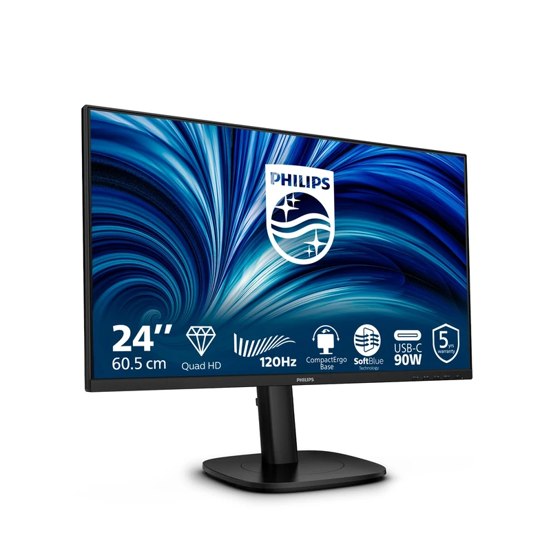 PHILIPS 24B2U3601 24 inch WQHD Monitor 120Hz, IPS Panel, 4ms GtG, Height Adjustment, Speakers, (2560x1440 HDMI 1x 2.1 TMDS DP 1x 1.4 USB Hub) Black
