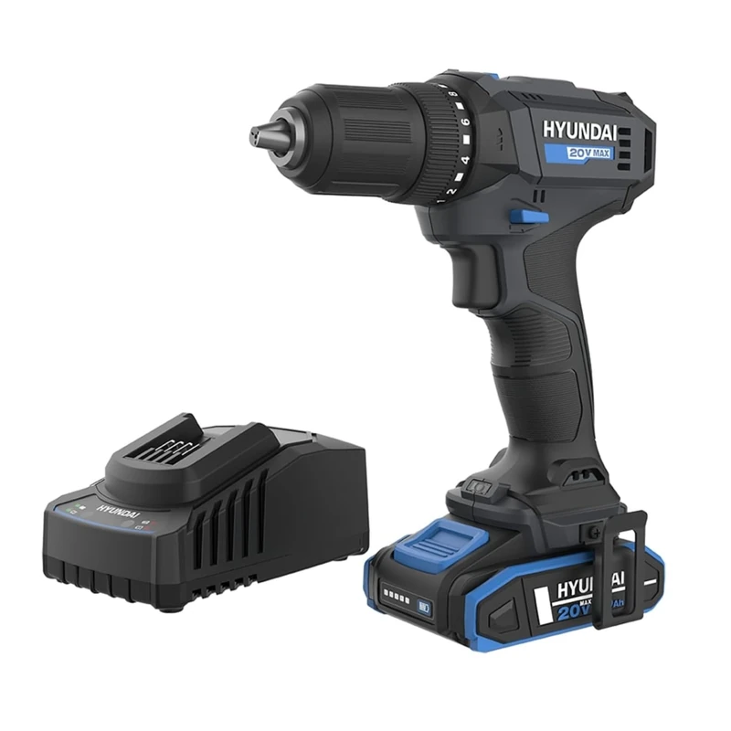 Hyundai 20V Cordless Drill Driver 40Nm, 2Ah Battery & Charger Included, 2-Speed Gearbox, 13mm Chuck, LED Work Light, Lightweight 1kg Power Drill