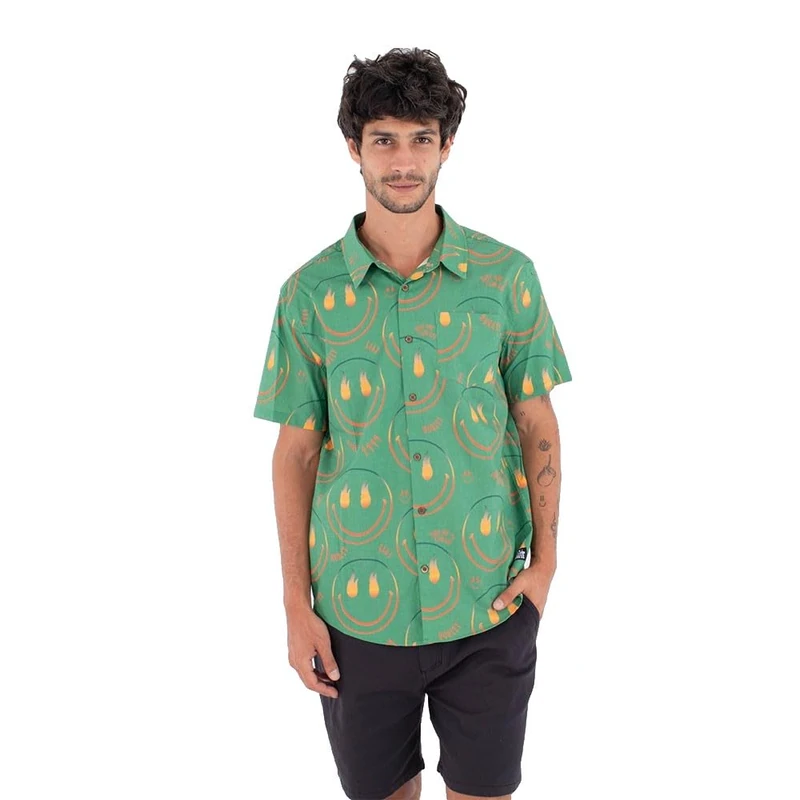 Hurley Mens Short-Sleeved Printing Press Happy Face T-Shirt, Green, XXL EU