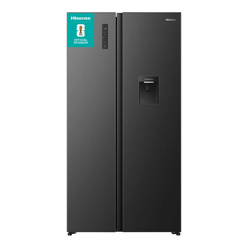 Hisense PureFlat 541L American Fridge Freezer RS3P558NMFD with Non-Plumbed Water Dispenser, Black Stainless Steel - D Rated