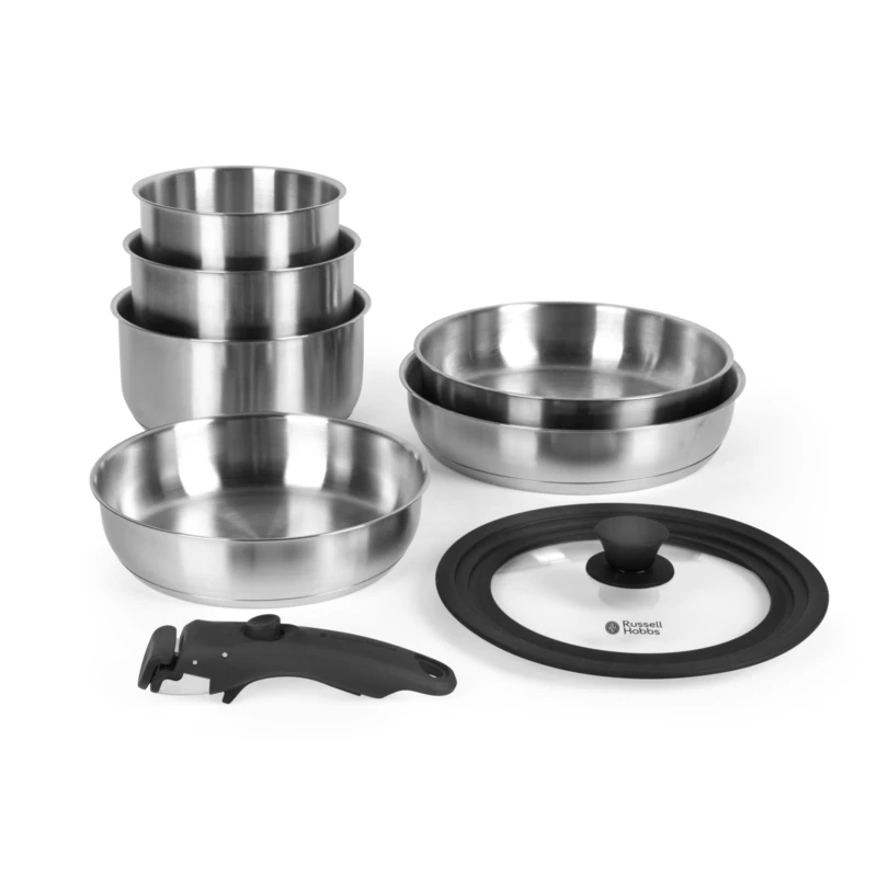 Russell Hobbs 6-Piece Pan Set – 20/24/28 cm Frying Pans, 18/18/20 cm Saucepans with Universal Glass Lid, Stainless Steel, Detachable Clip-On Handle, Stackable, PFAS-/PFOA-Free, Oven Safe up to 200 ºC