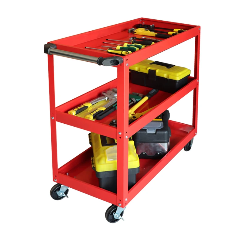 Relaxdays Workshop Trolley with 3 Shelves, Mobile, Up to 100kg, 82.5x84x41cm, Red