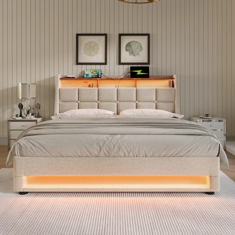 Ball & Cast Upholstered Super King size Bed 180 x 200 cm cm with LED Lighting, USB Type-C Charging Function, Storage Headboard, 6FT Super King Size Storage Bed Frame with Metal Slatted Frame, Beige