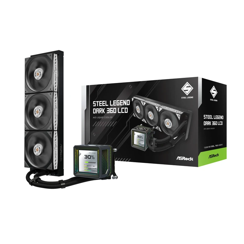 ASRock Water Cooling Cooler Steel Legend Dark 360 LCD, 14.2 inches (360 mm), Black, Simple Water Cooling with 3.4 inch LCD Display, Compatible with CPU Temperature Display, Compatible with LGA1700 AM5