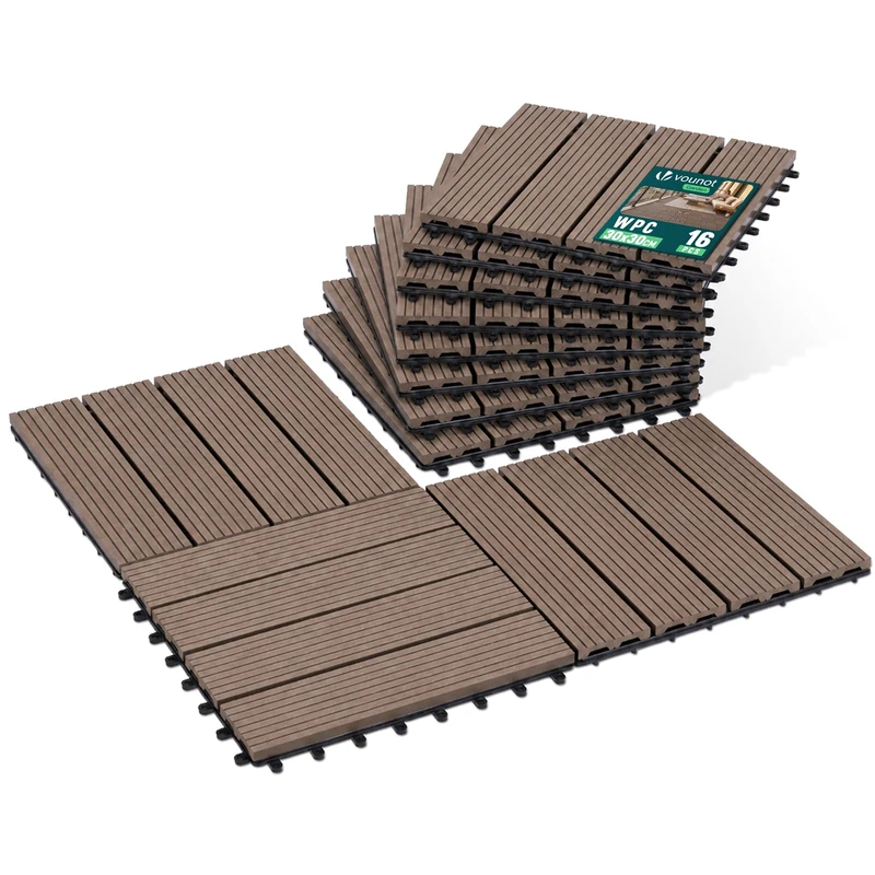 VOUNOT® WPC Decking Tiles Set of 16, Interlocking Terrace Deck Tiles, Anti-Slip Waterproof Outdoor Garden Patio Balcony Flooring, 30 x 30 cm, Brown - Image 1