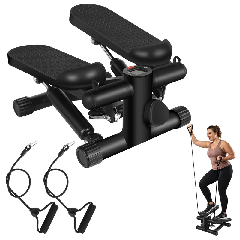 Mini Stepper for Home Exercise, Adjustable Resistance Stair Stepper with LCD Monitor, Non-Slip Pedals & Resistance Bands for Full Body Cardio Workout