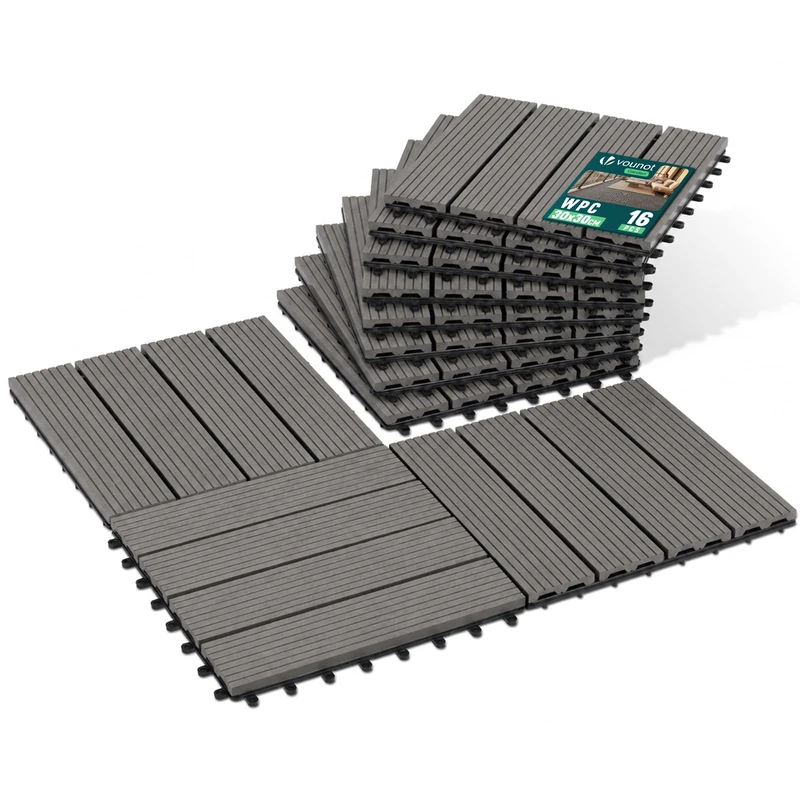VOUNOT® WPC Decking Tiles Set of 16, Interlocking Terrace Deck Tiles, Anti-Slip Waterproof Outdoor Garden Patio Balcony Flooring, 30 x 30 cm, Grey - Image 1