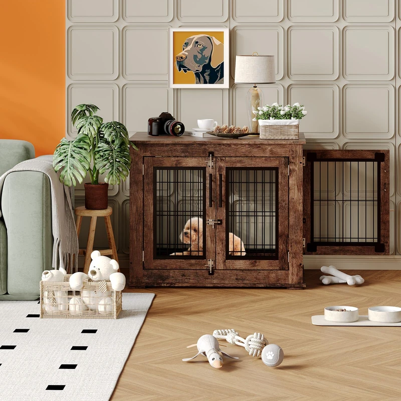 Dog Cage Furniture, Dog Box for Home, Modern Wooden Indoor Dog Box with Double Doors for Small/Medium Dogs, Dog Cage Easy to Clean & Lockable, 80 x 60 x 66 cm, Vintage Brown - Image 1