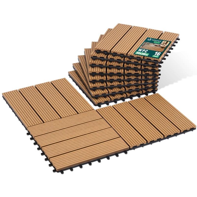 VOUNOT® WPC Decking Tiles Set of 16, Interlocking Terrace Deck Tiles, Anti-Slip Waterproof Outdoor Garden Patio Balcony Flooring, 30 x 30 cm, Wood Color
