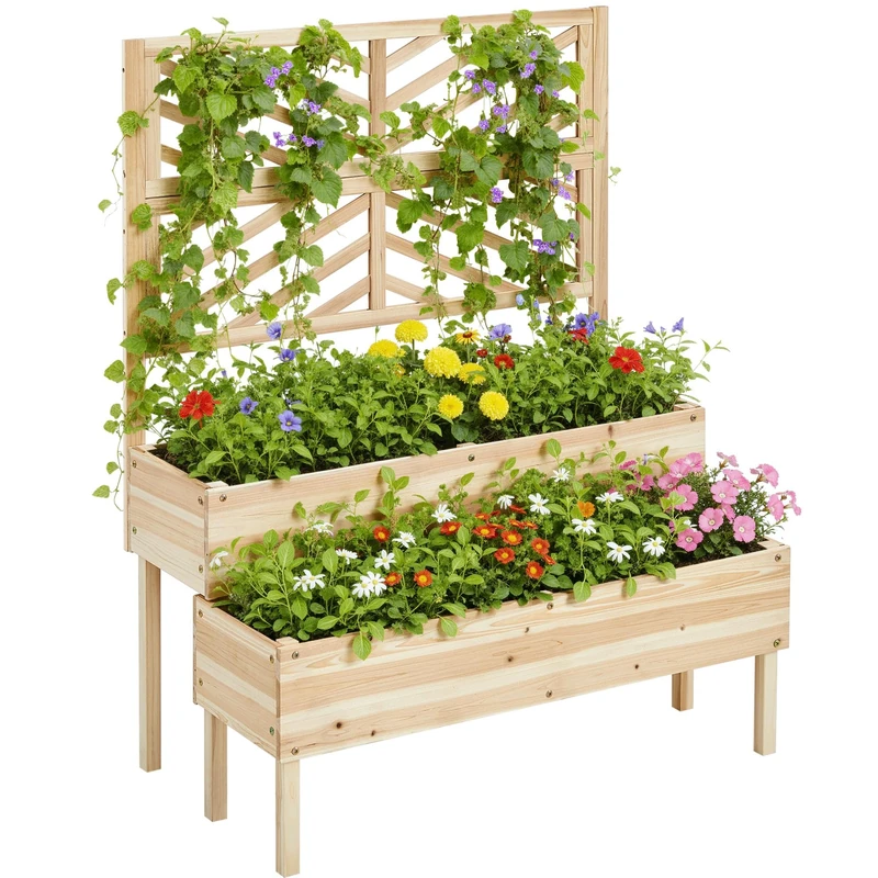 Yaheetech 2-Tier Solid Fir Wood Raised Garden Bed with Trellis for Climbing Plants, Self-Draining Planter with Drainage Holes for Garden, Porch, Balcony, Lawn, Patio Wood
