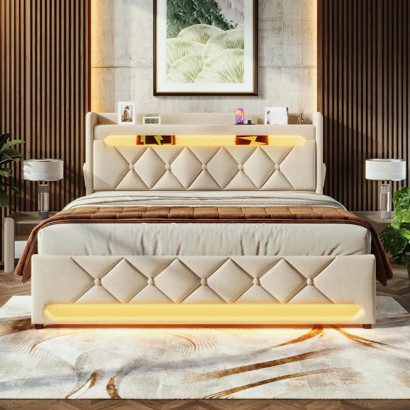 Ball & Cast Upholstered Bed 135 x 190 cm with LED Lighting, USB Type-C Charging, Storage Headboard for Cellphones and Tablets, 4ft6 Hydraulic Storage Bed with Metal Slatted Frame, Beige (No Mattress)