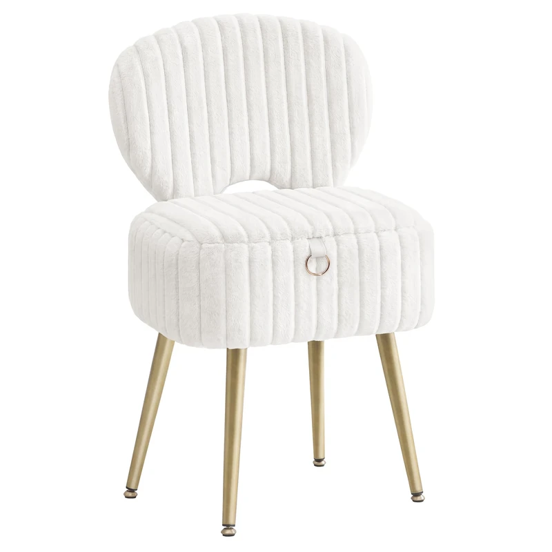 SONGMICS Small Vanity Chair with Storage and Folding Back, Vanity Stool, Footrest Footstool Ottoman, Dressing Table Stool, Furry Padded Seat, for Makeup Room, Bedroom, Cream White LOM532WD02