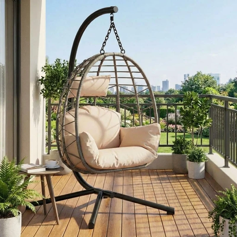 Garvee Rattan Hanging Chair with Metal Frame - Foldable, Weatherproof, Holds up to 150 kg, Includes Black Cover, Outdoor & Indoor Egg Rocking Chair for Garden, Balcony, Patio - Grey Rattan