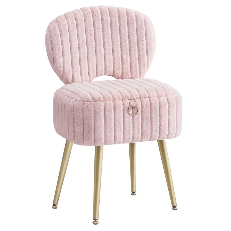 SONGMICS Small Vanity Chair with Storage and Folding Back, Vanity Stool, Footrest Footstool Ottoman, Dressing Table Stool, Furry Padded Seat, for Makeup Room, Bedroom, Jelly Pink LOM532SA02 - Image 1