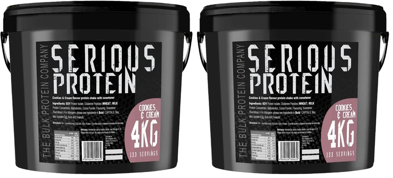 SERIOUS Protein – Protein Powder – 4kg – Low Carb – Supports Lean Muscle Growth – Recovery Supplement - The Bulk Protein Company - 133 Servings (Cookies & Cream) (Pack of 2)
