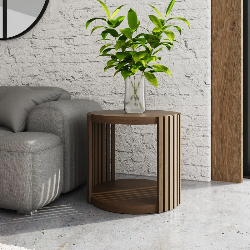 Zadie Side Table with Round Design, Walnut Finish, Slatted Sides and Lower Shelf