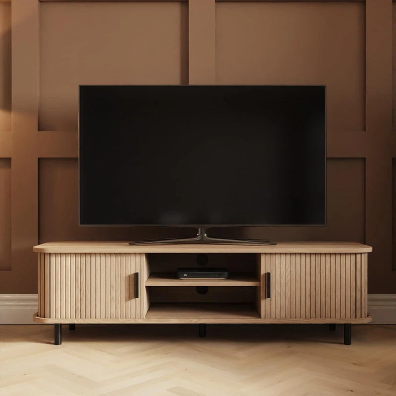 Omari TV Unit Light Wood – Modern Slatted Entertainment Unit with Storage Shelves & Cabinets for Living Room