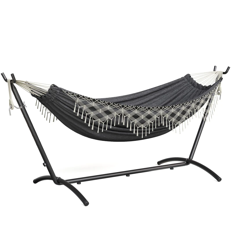 Mondeer 2 Person Hammock with Stand, Bohemian Style Portable Garden Double Hammock, Metal Frame Adjustable, Suitable for Outdoor Terraces, Patios and Gardens, up to 270kg, Grey