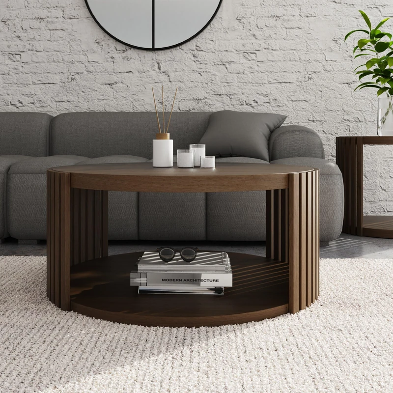 Zadie Round Walnut Coffee Table with Slatted Sides & Lower Shelf – Modern Wooden Living Room Table