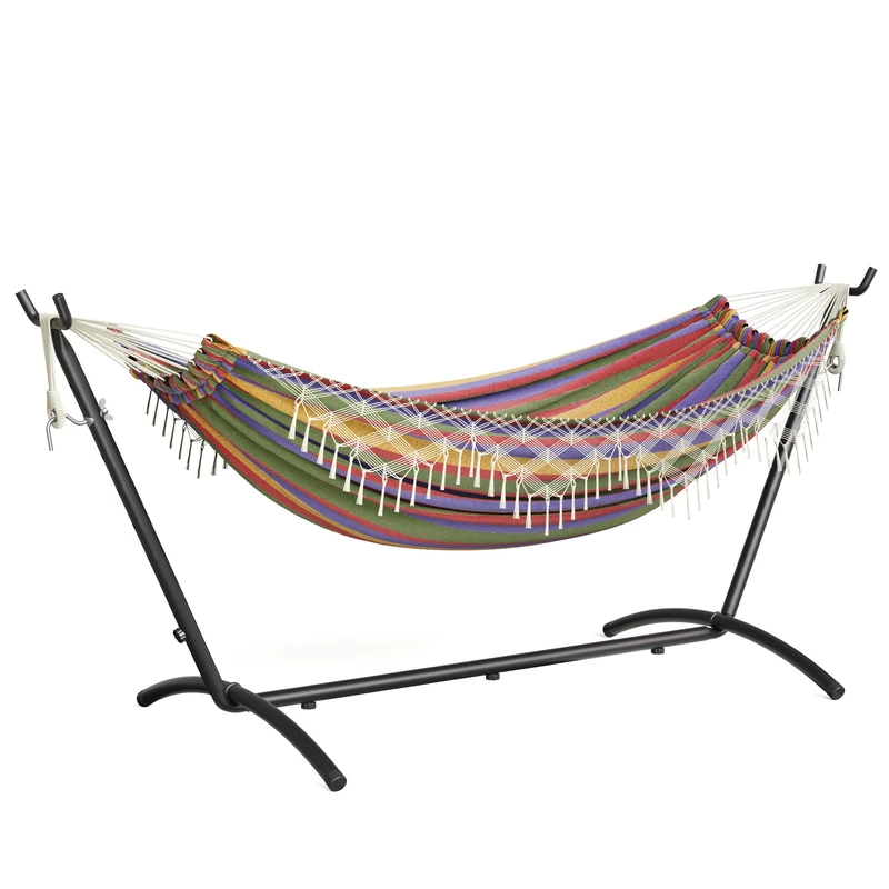Mondeer 2 Person Hammock with Stand, Bohemian Style Portable Garden Double Hammock, Metal Frame Adjustable, Suitable for Outdoor Terraces, Patios and Gardens, up to 270kg, Colorful
