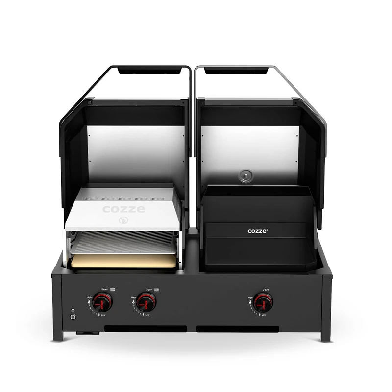 Cozze® Quattro 900 4-in-1 Gas BBQ 13kW - Plancha + Stainless Steel Grill + Pizza Stone Area, 3 Gas Burners + 2 Infrared Burners, 30mbar
