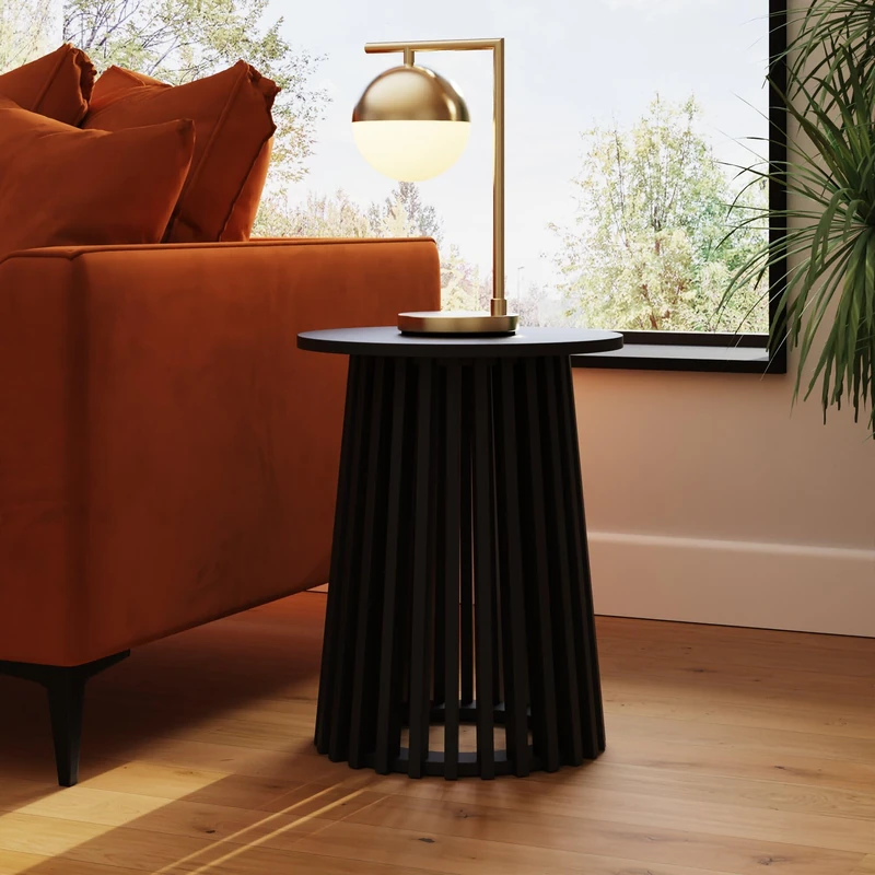 Kaleb Spindle Side Table – Black & Walnut Round Wooden End Table with Slatted Base – Modern Bedside Table for Living Room, Bedroom or Lounge - Image 1