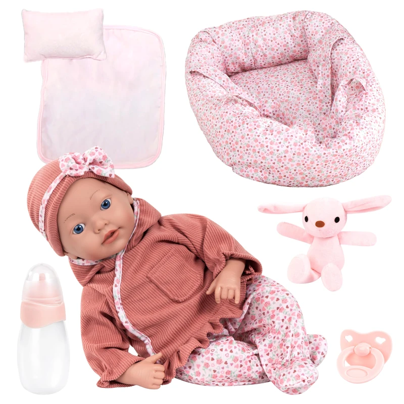 Bayer Design 93827AP Reborn baby doll, realistic, lifelike, 38 cm, with dummy, bottle, pillow, blanket, doll bassinet, soft toy - Image 1
