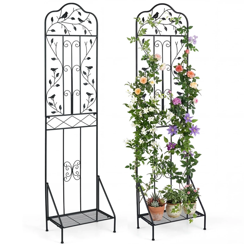 GiantexUK Set of 2 Metal Garden Trellis, 190cm Climbing Plants Support Frame with Foldable Shelf, Anti-Tipping Device & Ground Stakes, Outdoor Decoration Fence Trellis for Roses Vines Vegetables