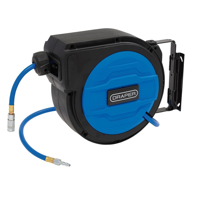 Draper Retractable Air Hose Reel 15m - Auto Rewind with Hose Guide, Free Stop Any Length, 180° Swivel Wall Mount, Heavy-Duty Hybrid Air Hose