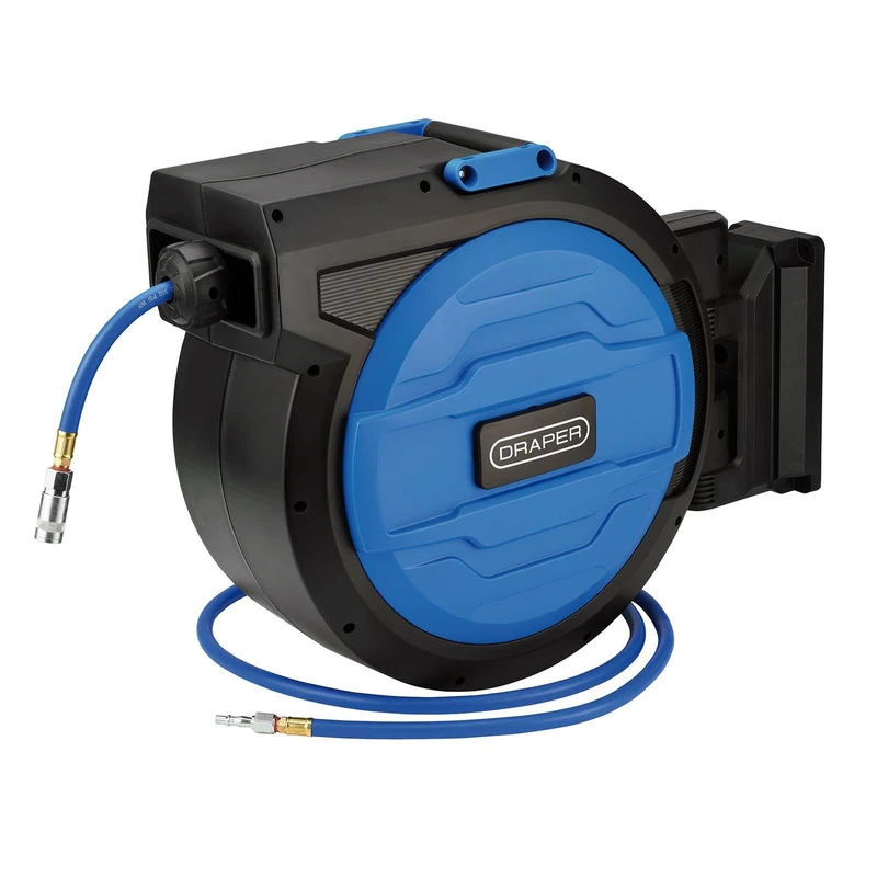 Draper 29676 Retractable Air Hose Reel 30m - Auto Rewind with Hose Guide, Free Stop Any Length, 180° Swivel Wall Mount, Heavy-Duty Hybrid Air Hose
