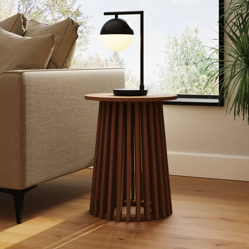 Kaleb Walnut & Black Spindle Side Table – Modern Round Wooden Accent End Table for Living Room Bedroom