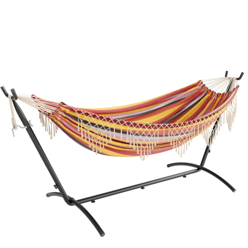 Mondeer Hammock with Stand, 2 Person Portable Camping Hammock with Adjustable Metal Frame and Carrying Bag, Bohemian Style, 270kg Weight Capacity, Suitable for Outdoor Terraces Patios Gardens, Red