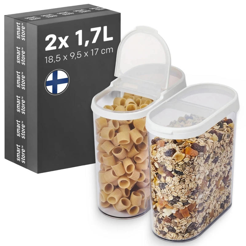 SmartStore Cereal Storage Containers, Set of 2 x 1.7 L | Stackable, Clear, Flip Lid | BPA-Free Kitchen Storage Containers | Pantry Food Storage Containers | Cereal Dispenser, Granola, Pasta, Rice