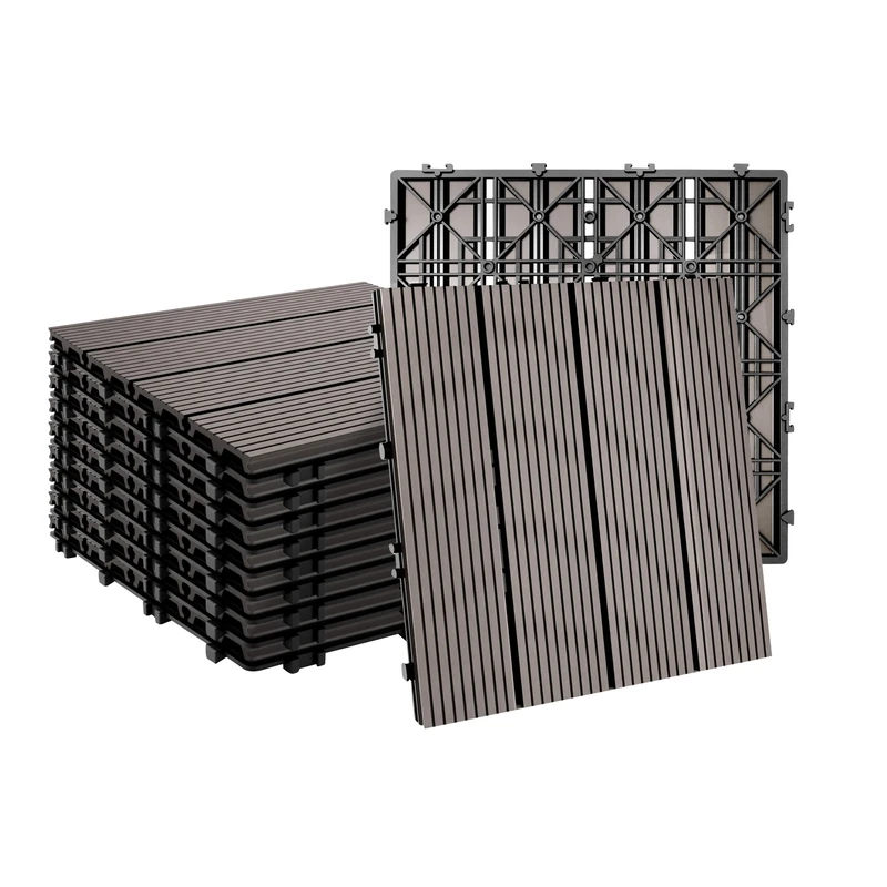 Relaxdays WPC Tiles, 11 pcs, 30 x 30 cm, Weatherproof Balcony & Terrace Tiles with Click System, Wood Effect, Grey