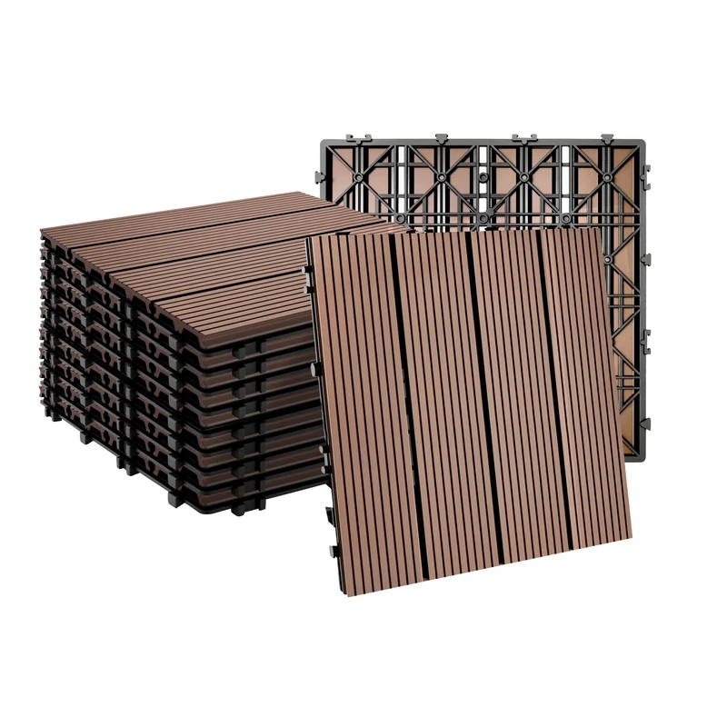 Relaxdays WPC Decking Tiles, 11 pcs, 30x30 cm, Weatherproof Balcony & Terrace, Click System, Brown