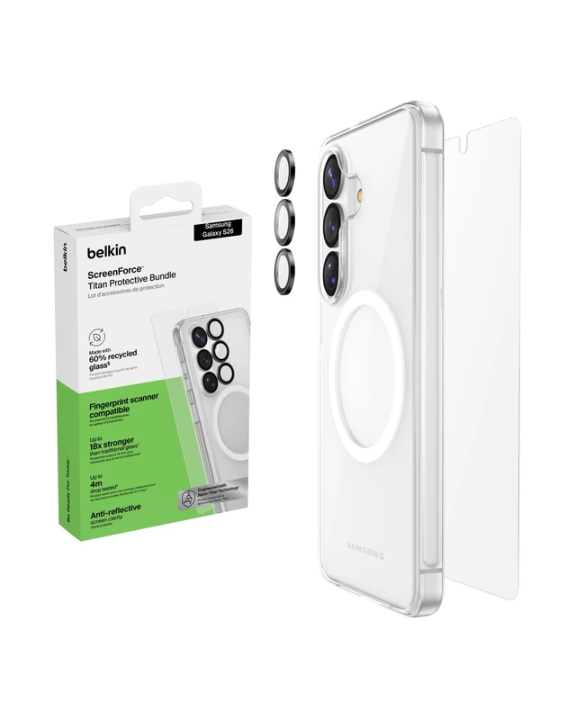 Belkin ScreenForce Titan Protective Bundle for Samsung Galaxy S26 with Scratch Resistant Screen Protector, Shockproof Phone Case and Anti-Reflective Camera Lens Protector - 4M Drop Protection