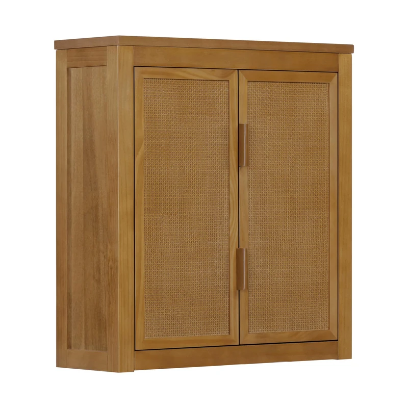 Teamson Home Hatteras 56 cm Wall-Mounted Wood Cabinet with 2 Rattan Inset Doors, Internal Shelving and Compact Storage for Bathrooms Or Hallways, Natural