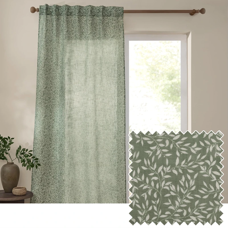 furn. Yard Perrie Leaf Sheer Curtain Panel – Lightweight Woven Tab Top Leaf Print Curtain (Forest – 140x250cm)